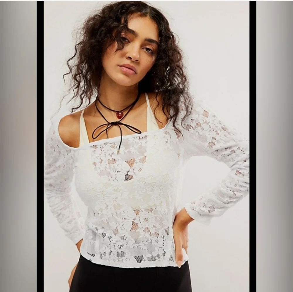 NWOT Free People Rotation Layering Ruched White Lace Sheer Top Size L